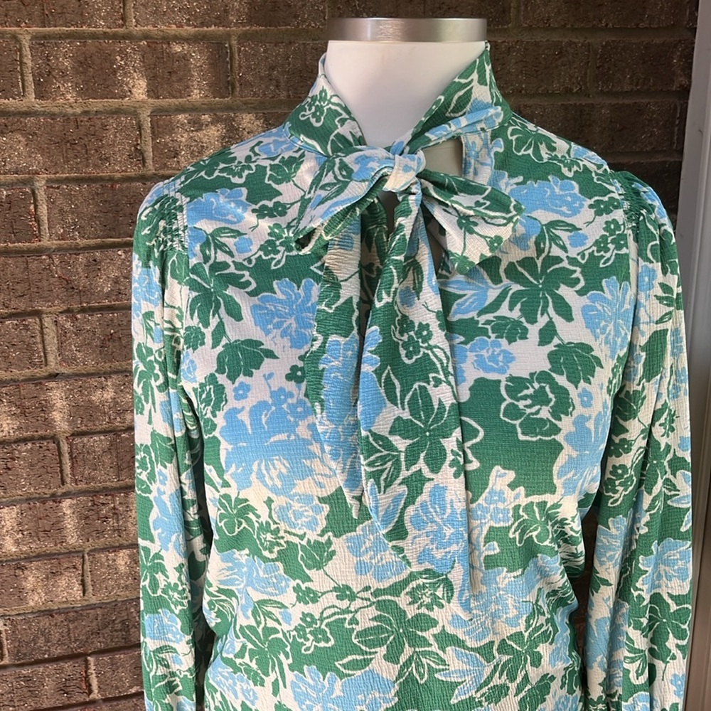 MELLODAY Blue and Green Long Sleeve Tie Front Blouse Medium